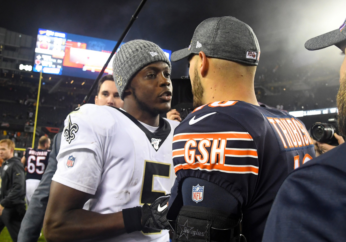 Oct 20, 2019; Chicago, IL, USA; New Orleans Saints quarterback Teddy Bridgewater (5) and Chicago Bears quarterback Mitchell Trubisky (10) meet after the game at Soldier Field. Mandatory Credit: Mike DiNovo-USA TODAY Sports