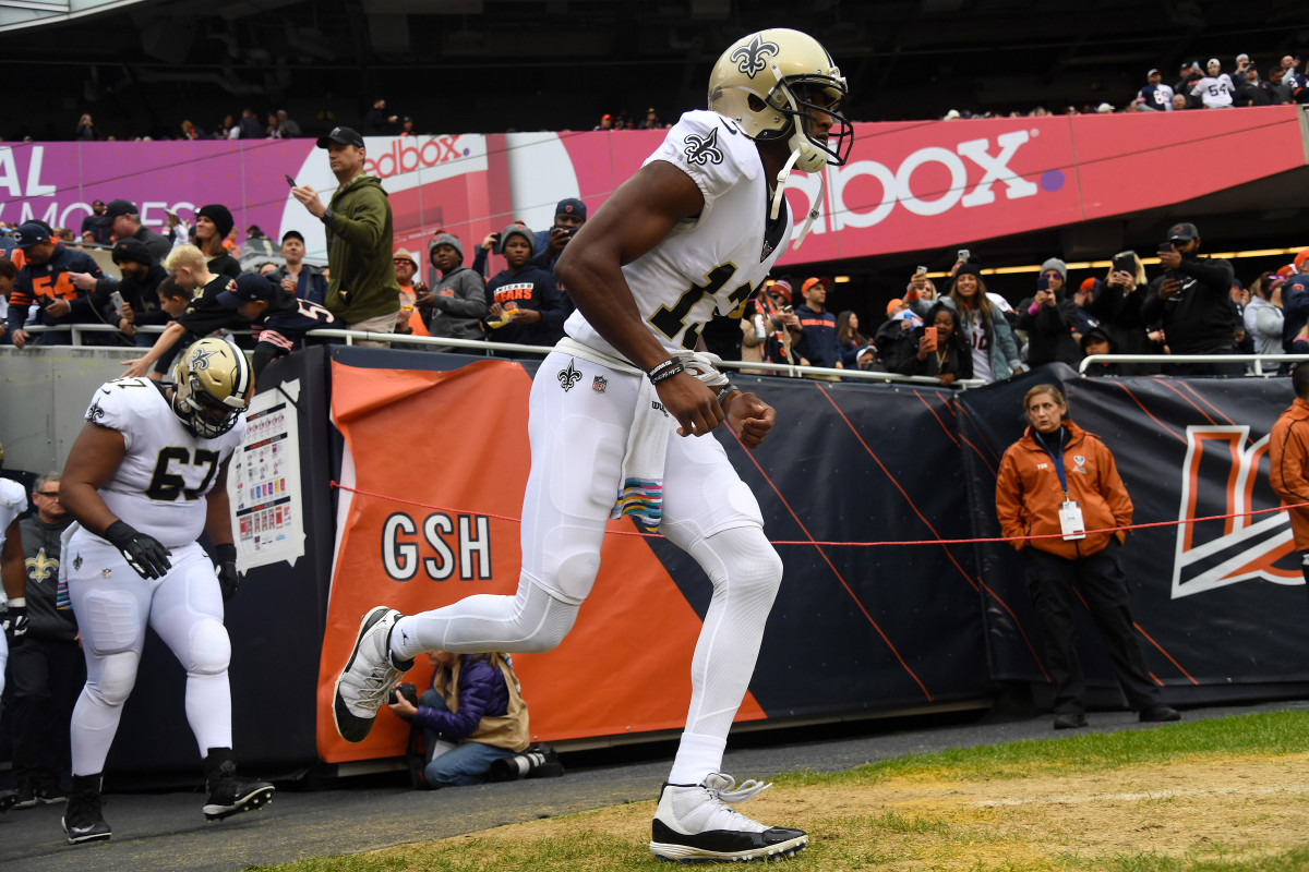 Oct 20, 2019; Chicago, IL, USA; New Orleans Saints wide receiver Michael Thomas (13) takes the field before the game against the Chicago Bears at Soldier Field. Mandatory Credit: Mike DiNovo-USA TODAY Sports