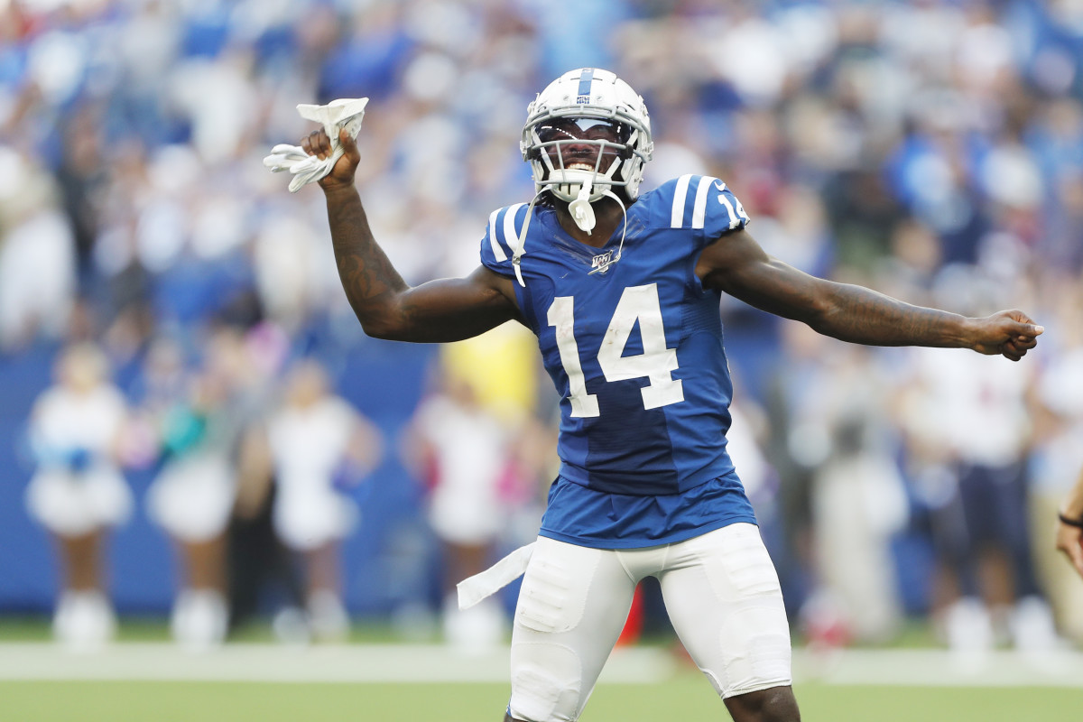 Indianapolis Colts wide receiver Zach Pascal, who caught two touchdown passes in Sunday's 30-23 home win over Houston, celebrates on Sunday at Lucas Oil Stadium.