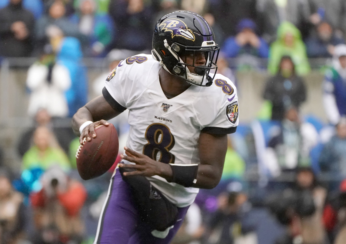 Oct 20, 2019; Seattle, WA, USA; Baltimore Ravens quarterback Lamar Jackson (8) throws a pass in the second quarter against the Seattle Seahawks at CenturyLink Field. Mandatory Credit: Kirby Lee-USA TODAY Sports