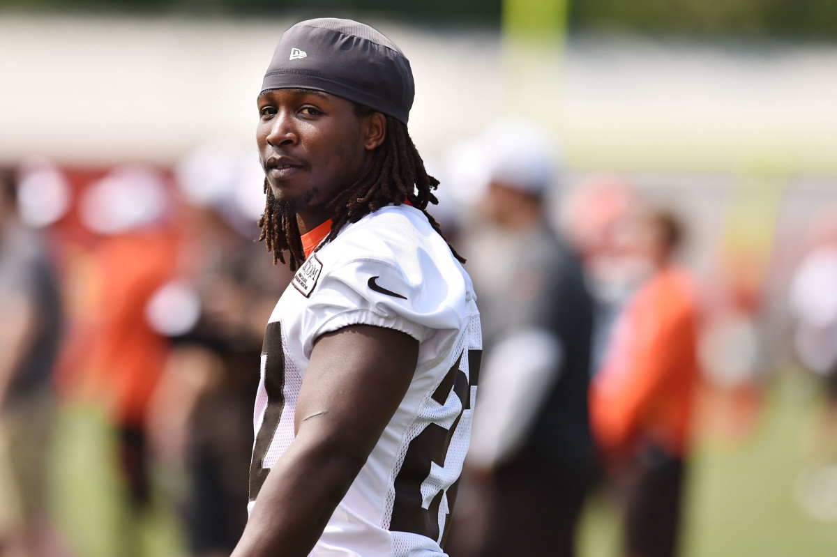 Jul 26, 2019; Berea, OH, USA; Cleveland Browns running back Kareem Hunt (27) during training camp at the Cleveland Browns Training Complex. Mandatory Credit: Ken Blaze-USA TODAY Sports