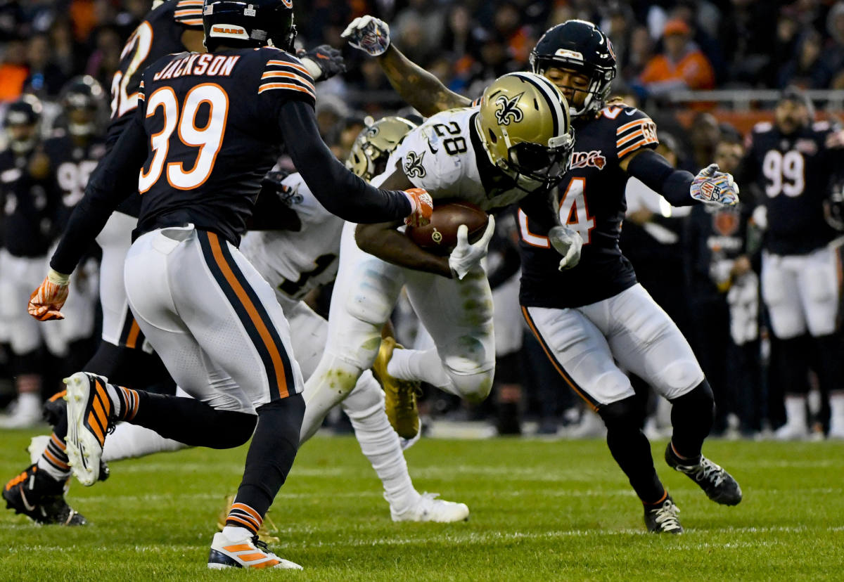 Oct 20, 2019; Chicago, IL, USA; New Orleans Saints running back Latavius Murray (28) runs against Chicago Bears free safety Eddie Jackson (39) and Chicago Bears cornerback Buster Skrine (24) during the second half at Soldier Field. Mandatory Credit: Matt Marton-USA TODAY Sports