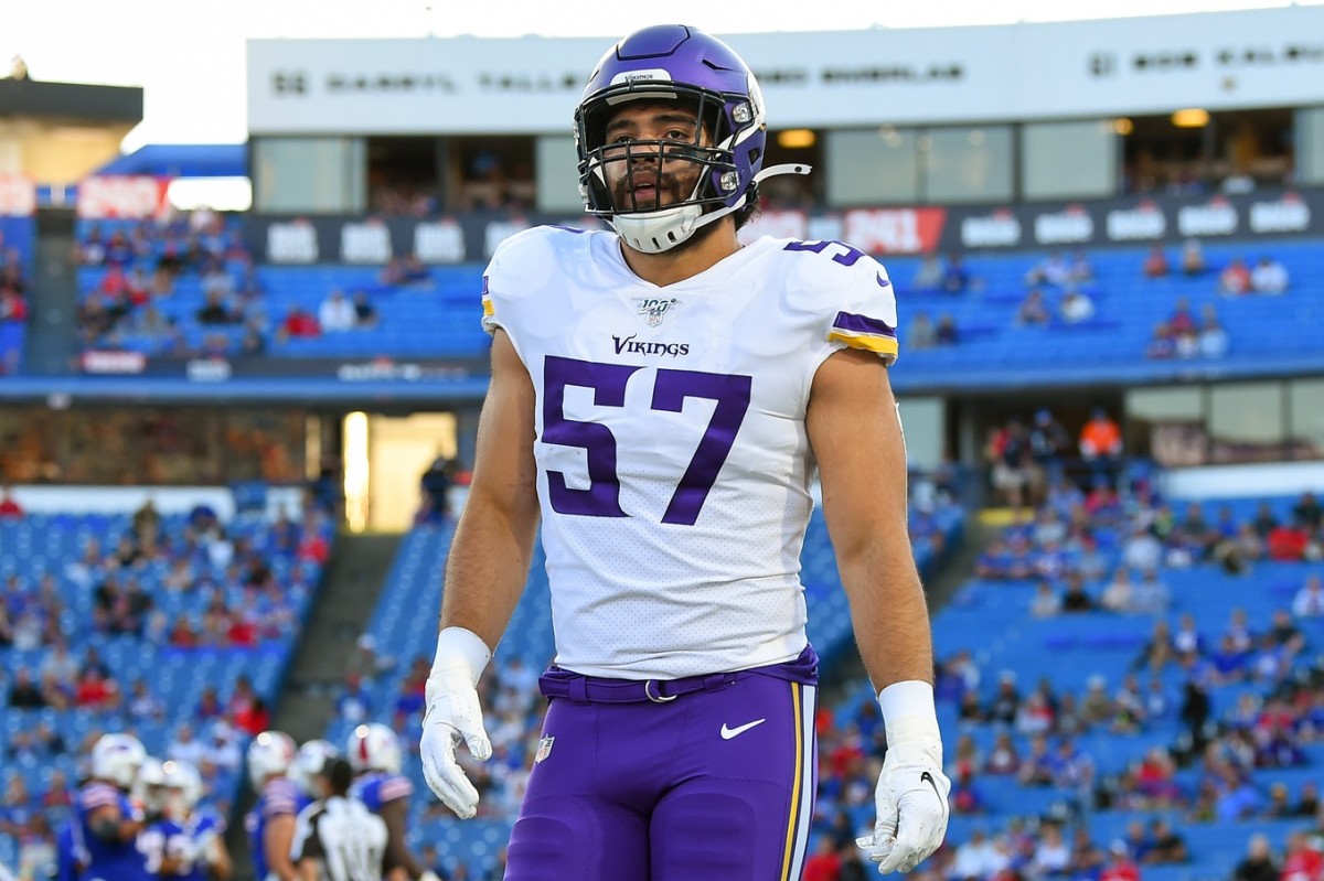 Aug 29, 2019; Orchard Park, NY, USA; Minnesota Vikings linebacker Devante Downs (57) walks off the field against the Buffalo Bills during the first quarter at New Era Field.