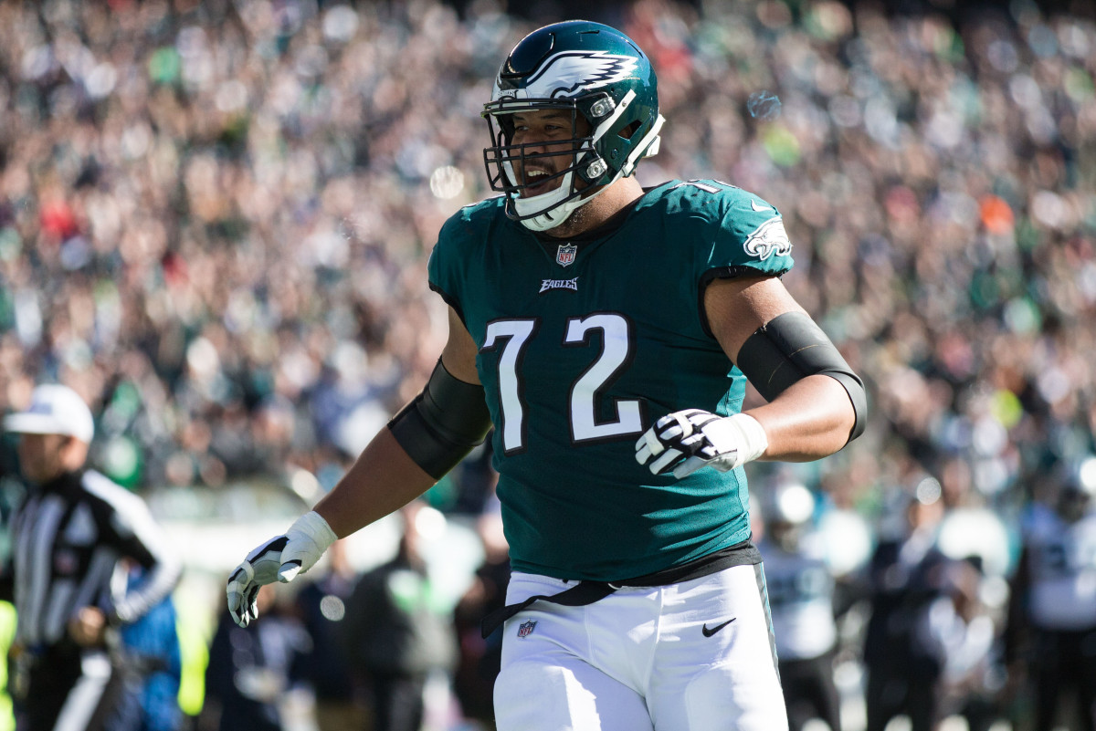 Oct 21, 2018; Philadelphia, PA, USA; Philadelphia Eagles offensive tackle Halapoulivaati Vaitai (72) reacts against the Carolina Panthers during the third quarter at Lincoln Financial Field. Mandatory Credit: Bill Streicher-USA TODAY Sports