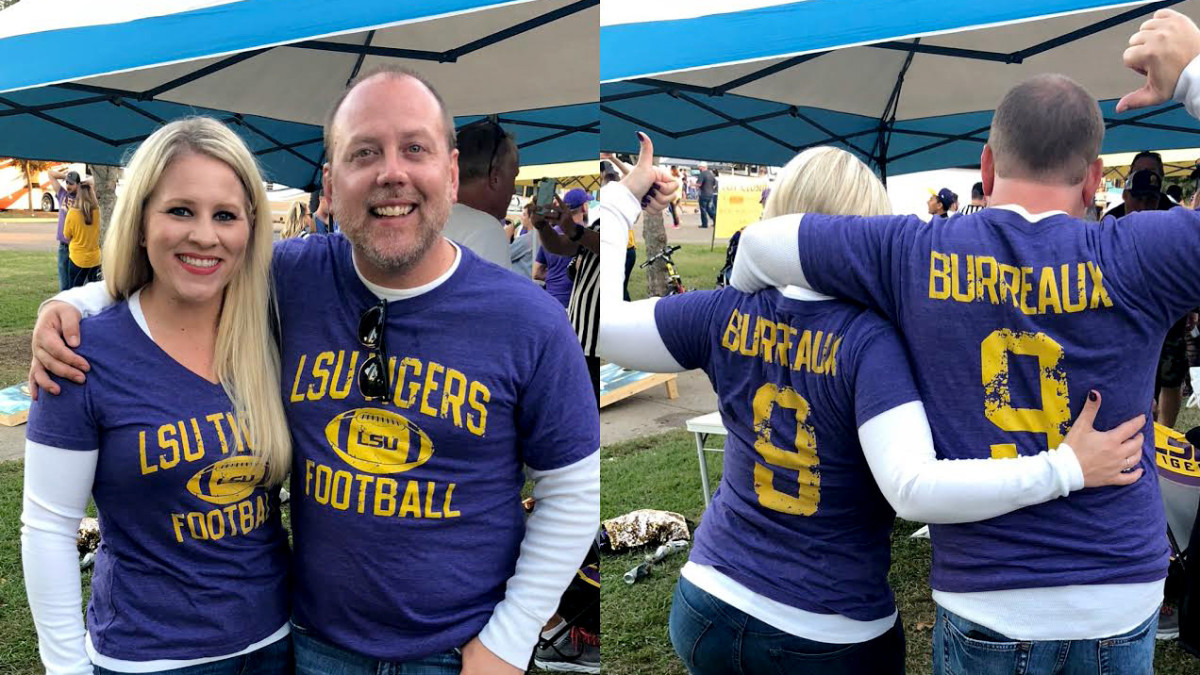 Matt Porter, right, and his longtime girlfriend, Carisa, are pictured here in Joe Burrow shirts before LSU's game last year against Alabama.