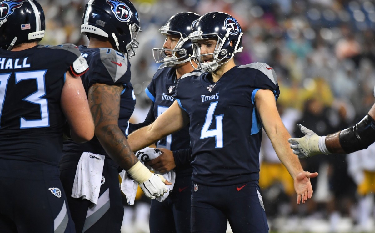 Tennessee Titans kicker Ryan Succop (4) after a field goal during the second half against the Pittsburgh Steelers at Nissan Stadium.