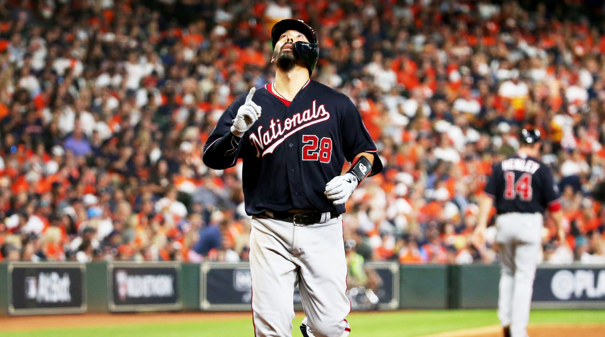 Oct 23, 2019; Houston, TX, USA; Washington Nationals catcher Kurt Suzuki (28) rounds the bases after hitting a home run against the Houston Astros during the seventh inning of game two of the 2019 World Series at Minute Maid Park. Mandatory Credit: Troy Taormina-USA TODAY Sports