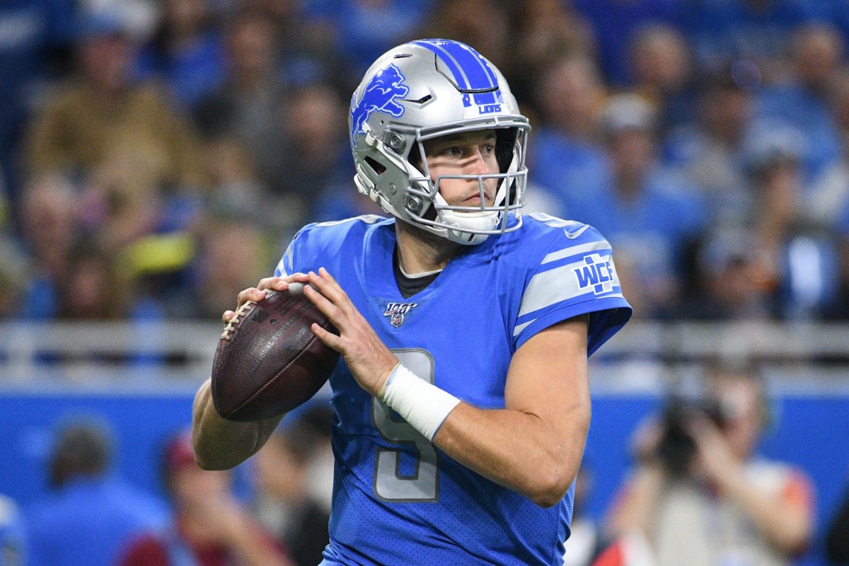 Oct 20, 2019; Detroit, MI, USA; Detroit Lions quarterback Matthew Stafford (9) drops back to pass during the second half against the Minnesota Vikings at Ford Field.