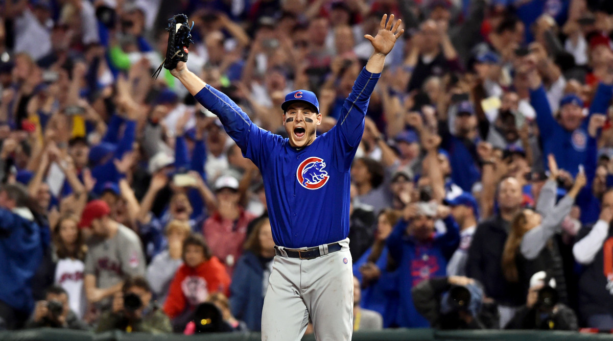 Nov 2, 2016; Cleveland, OH, USA; Chicago Cubs first baseman Anthony Rizzo (44) celebrates after defeating the Cleveland Indians in game seven of the 2016 World Series at Progressive Field. Mandatory Credit: Ken Blaze-USA TODAY Sports