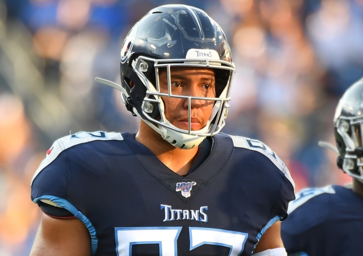 Tennessee Titans defensive end Matt Dickerson (92) waits at the line during the first half against the New England Patriots at Nissan Stadium.