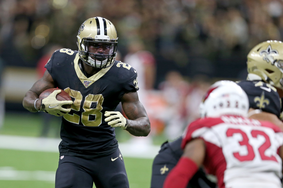 Oct 27, 2019; New Orleans, LA, USA; New Orleans Saints running back Latavius Murray (28) runs the ball against the Arizona Cardinals in the second half at the Mercedes-Benz Superdome. Mandatory Credit: Chuck Cook-USA TODAY Sports