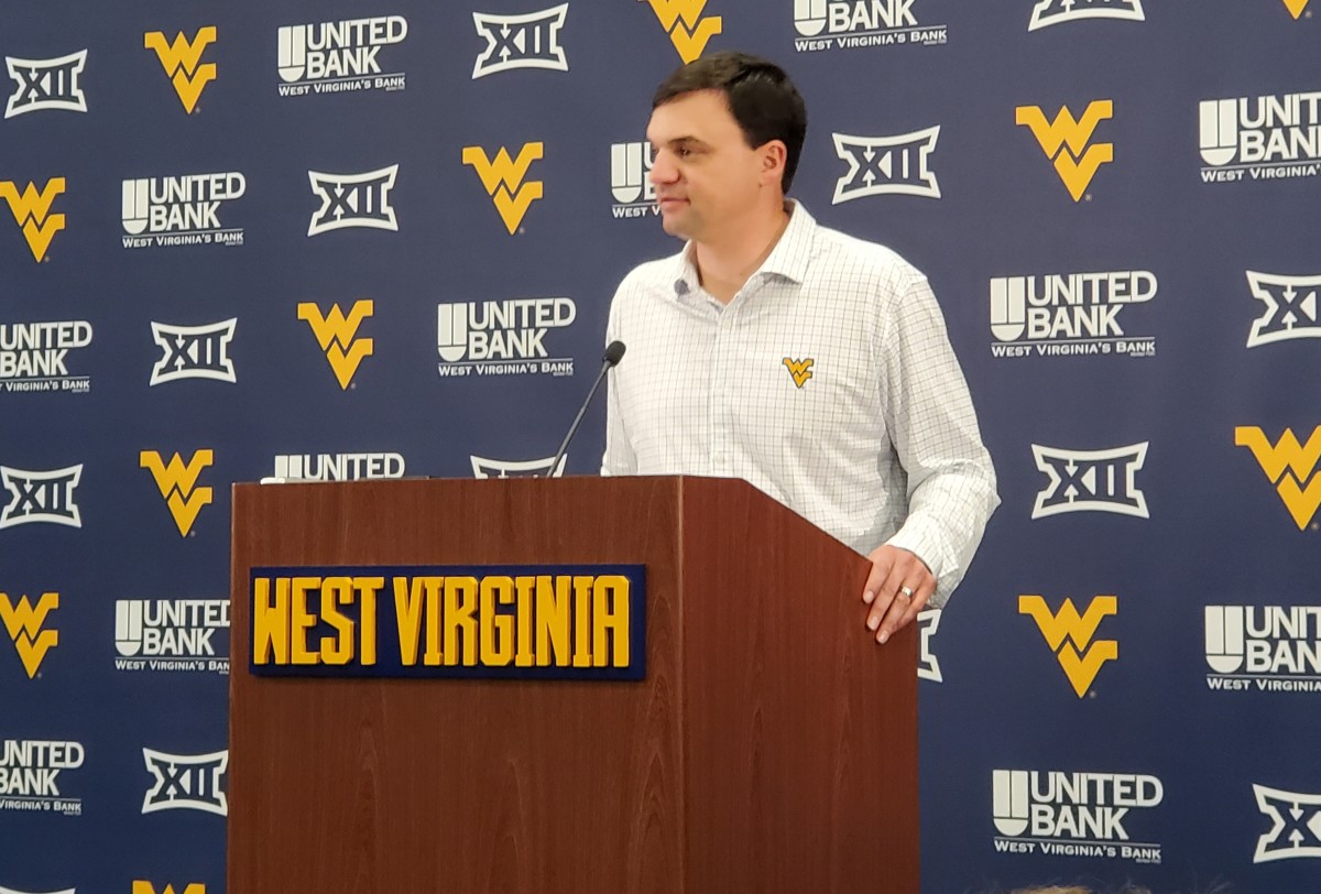 WVU head coach Neal Brown addressing the media during his weekly press conference.