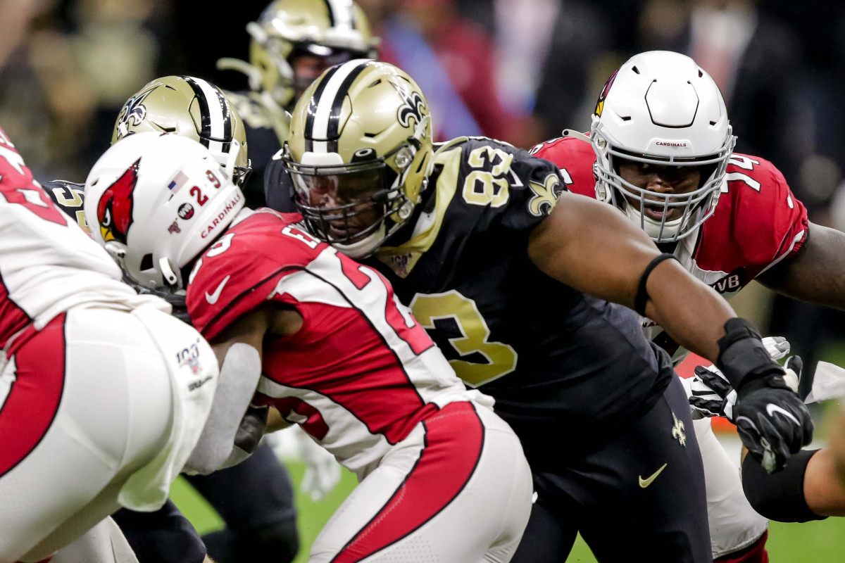 Oct 27, 2019; New Orleans, LA, USA; New Orleans Saints defensive tackle David Onyemata (93) tackles Arizona Cardinals running back Chase Edmonds (29) for a turn over on downs during the third quarter at the Mercedes-Benz Superdome. Mandatory Credit: Derick E. Hingle-USA TODAY Sportsmore...