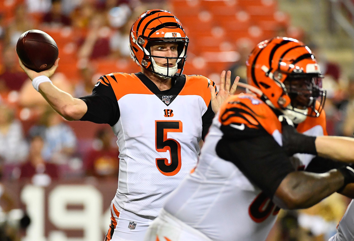 Aug 15, 2019; Landover, MD, USA; Cincinnati Bengals quarterback Ryan Finley (5) attempts a pass against the Washington Redskins during the first half during the second half at FedExField.