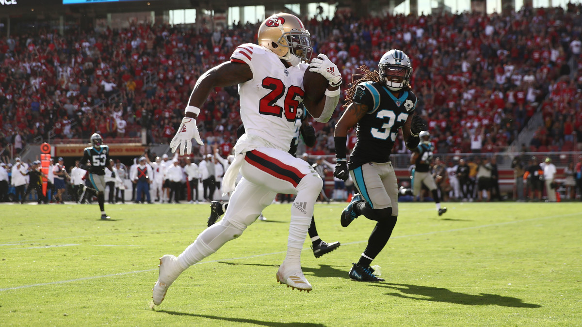Tevin Coleman had four total touchdowns in the 49ers' lopsided win over the Panthers in Week 8. 