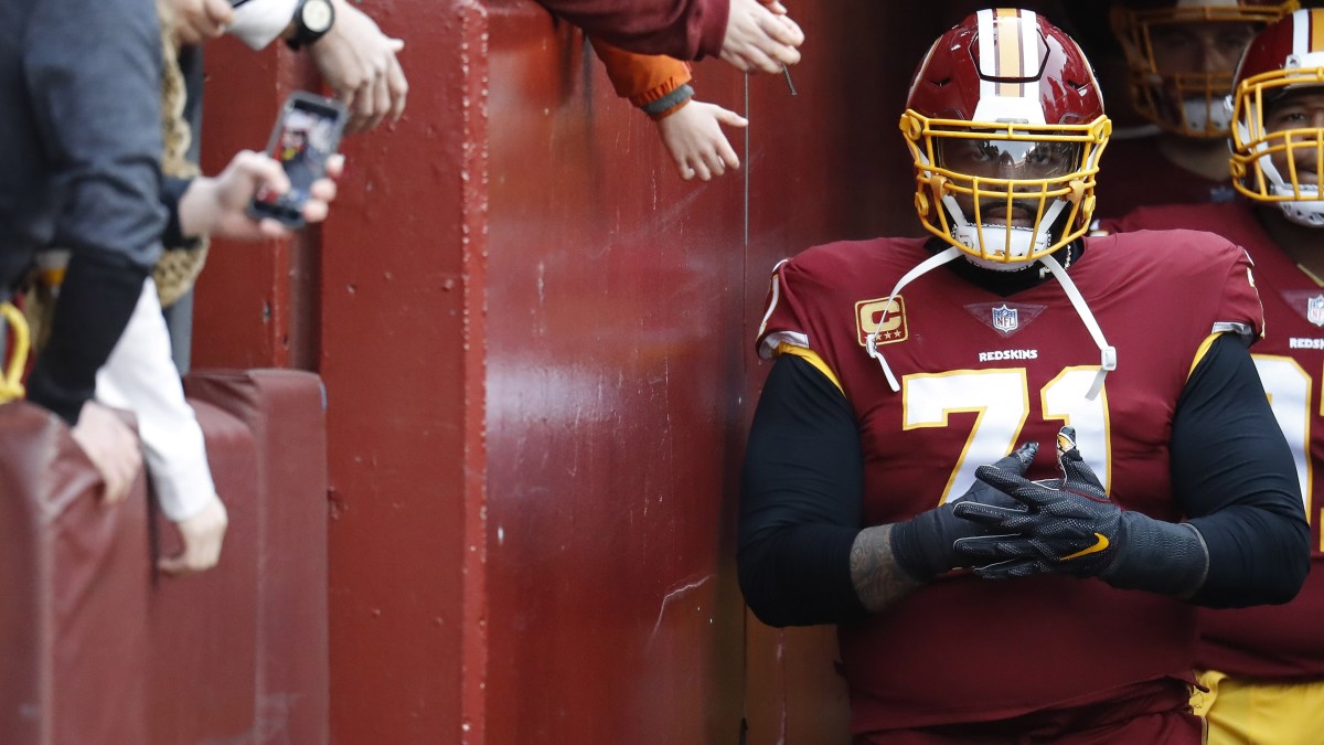 Redskins tackle Trent Williams looks on during a game against the Philadelphia Eagles at FedEx Field. The Eagles won 24-0.