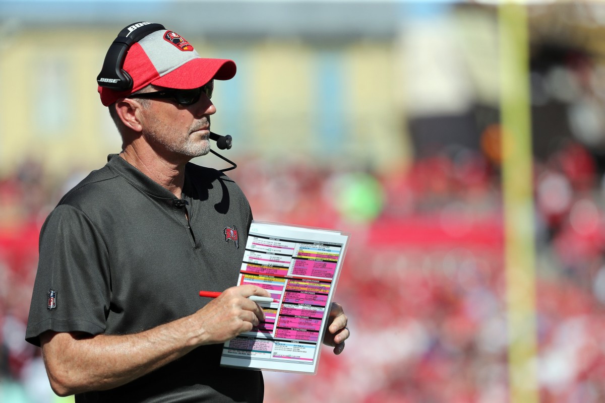 Tampa Bay Buccaneers head coach Dirk Koetter looks on during the first quarter against the Atlanta Falcons at Raymond James Stadium.