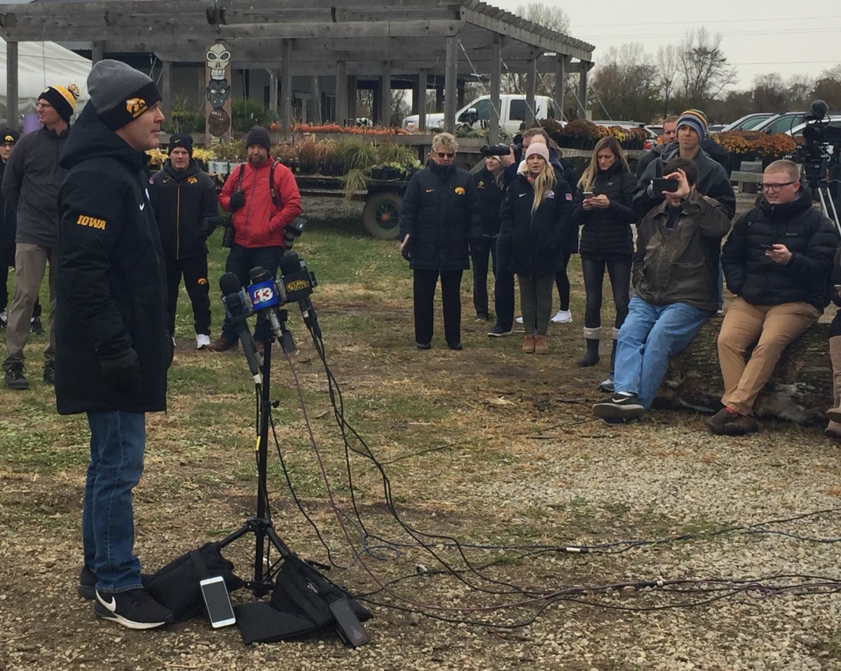 Iowa wrestling coach Tom Brands answers questions at Wednesday's media day at Kroul Farms in Mount Vernon, Iowa.