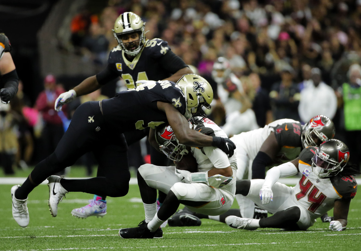 Oct 6, 2019; New Orleans, LA, USA; New Orleans Saints defensive end Carl Granderson (96) sacks Tampa Bay Buccaneers quarterback Jameis Winston (3) during the fourth quarter at the Mercedes-Benz Superdome. Mandatory Credit: Derick E. Hingle-USA TODAY