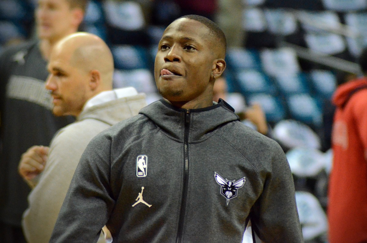 Terry Rozier warms up with the Charlotte Hornets before their game against the Chicago Bulls on Oct. 23, 2019. (Mitchell Northam / Hornet Maven - Sports Illustrated)