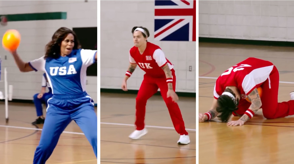 Michelle Obama hits Harry Styles in groin playing dodgeball (video