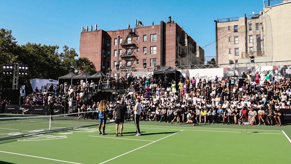 Serena Williams addresses a crowd at a Nike event in Greenwich Village.
