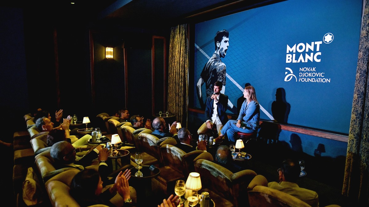 Novak Djokovic discusses a special-edition Montblanc pen at a private screening room in Chelsea. 