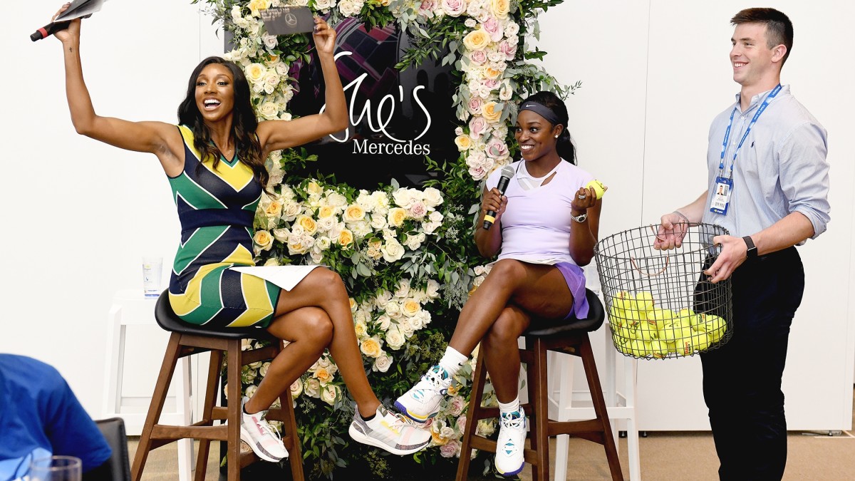 Sloane Stephens and ESPN's Maria Taylor conduct a Q&A at a Mercedes event. 