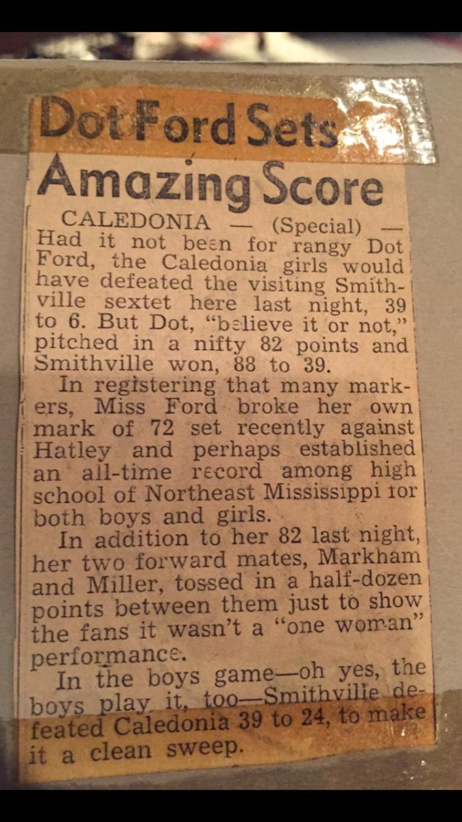 Joe Burrow's family athletic lineage dates back to the 1940s, when his grandmother, Dot Ford, averaged more than 50 points a game as a high school basketball star. She once set the state record by scoring 82 in a single game. This is the newspaper article about that game.