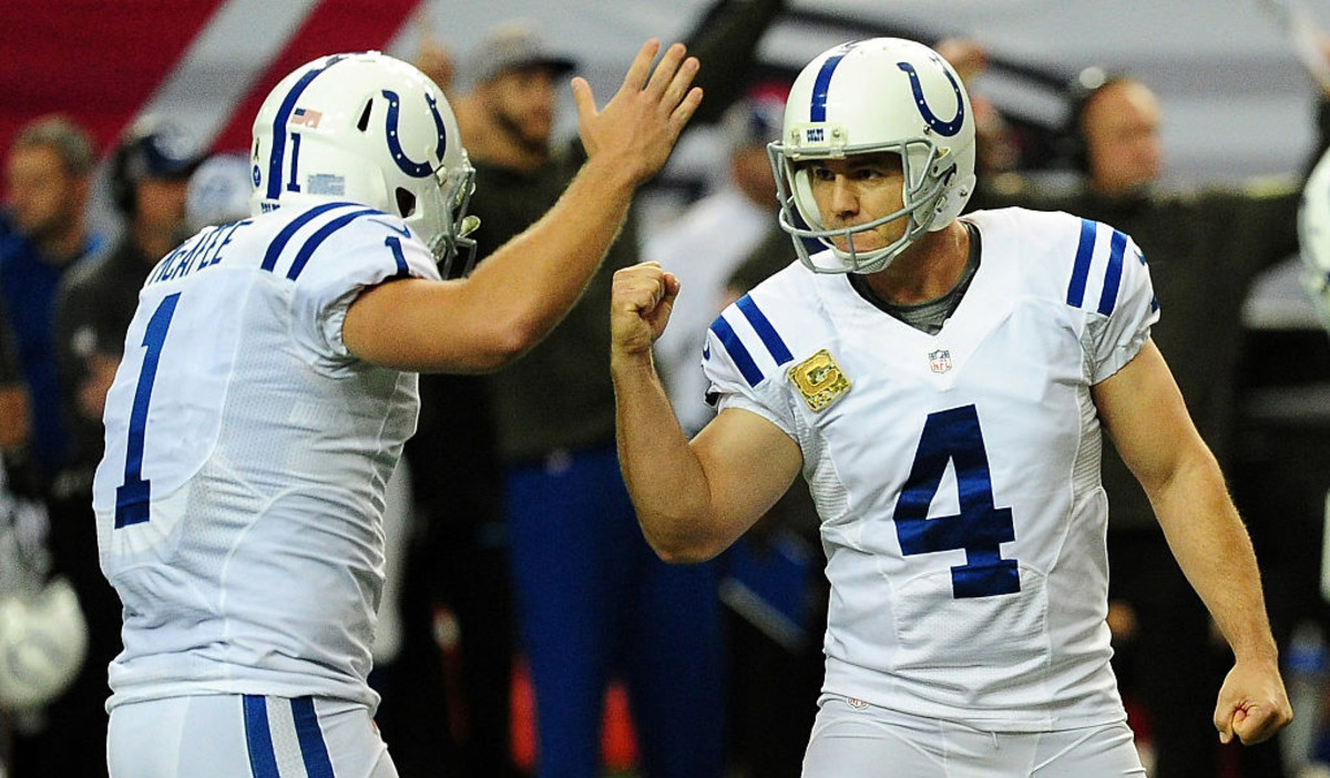 Pat McAfee (left) credits Adam Vinatieri (right) for being the most influential teammate of his NFL career.