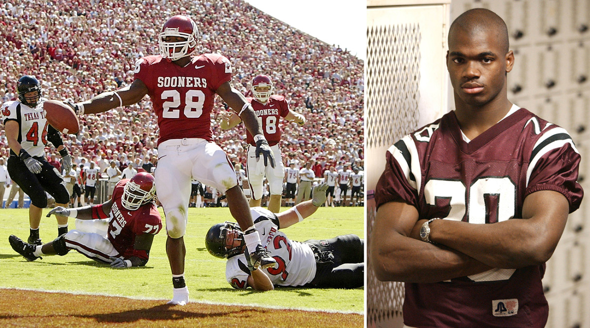 Peterson rolled over Big 12 opponents as a freshman (left). He said he was ready for the NFL after his senior season in high school (right).