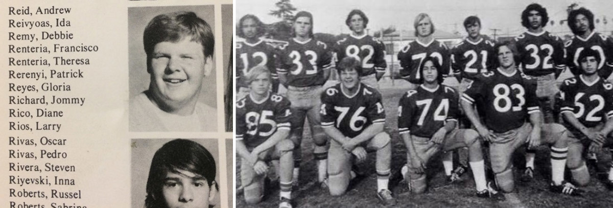 Andrew Reid, in ninth grade (left), and with the 1975-76 Marshall high football team (right, No. 76) a few years later.