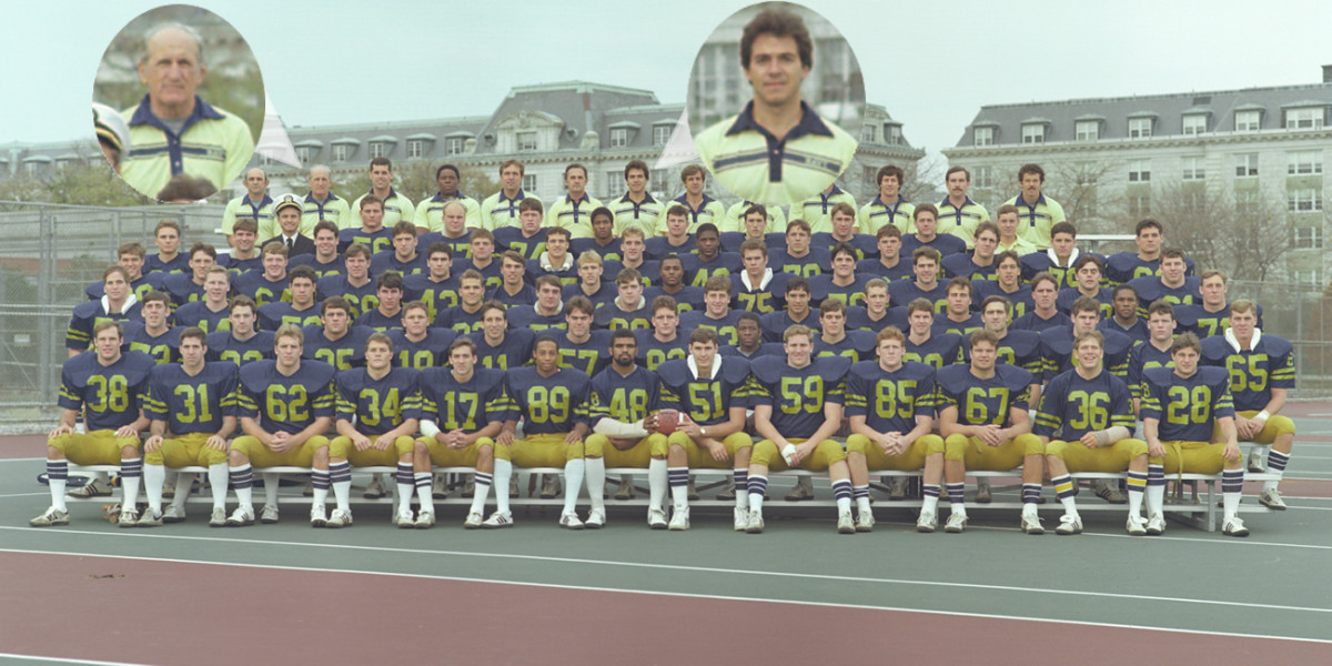 The team photo for the 1982 Navy football team, including veteran coach/scout Steve Belichick and first year defensive backs coach Nick Saban.