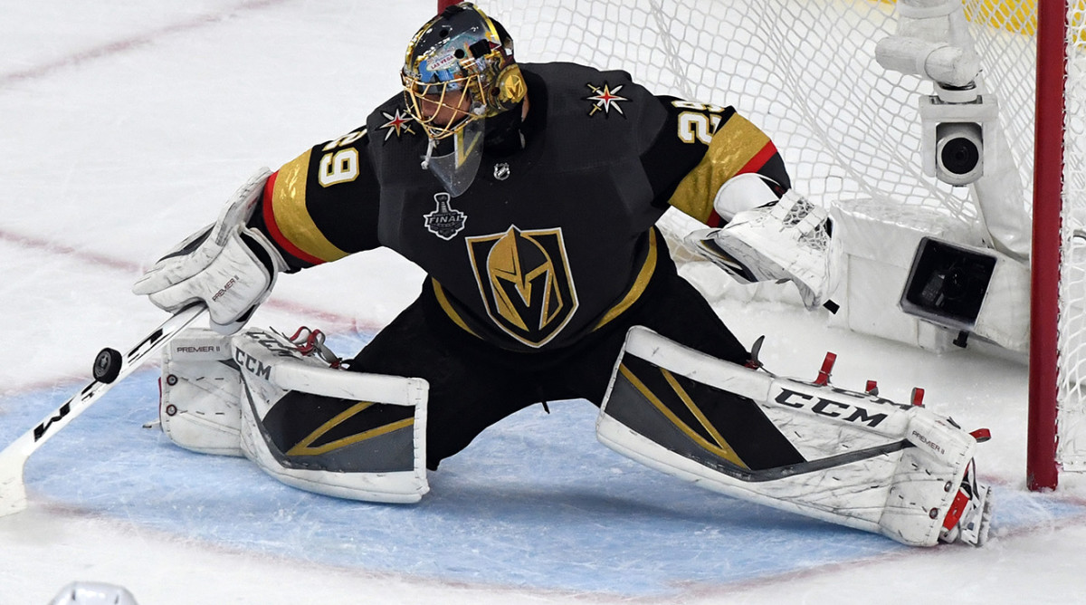Vegas Golden Knights goaltender Marc-Andre Fleury (29) wears a jersey  commemorating Chinese New …