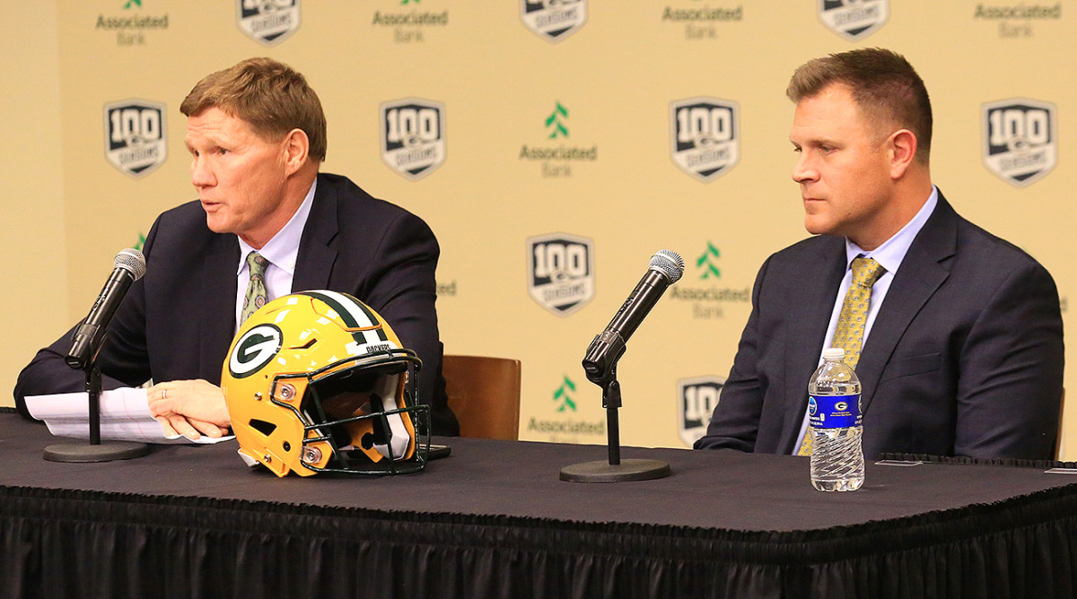 Packers CEO and president Mark Murphy (left) and GM Brian Gutekunst addressed reporters about the firing of Mike McCarthy on Monday.