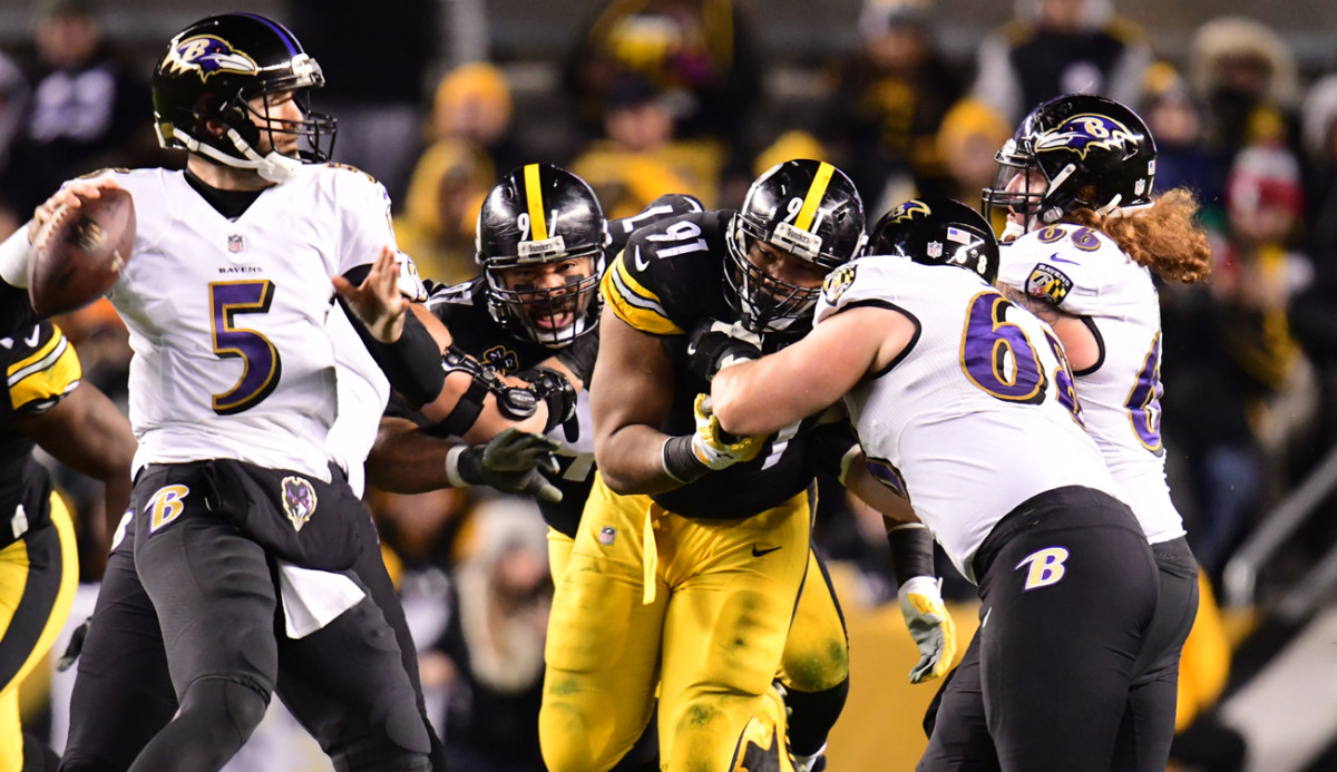 Tuitt and Heyward pressure Joe Flacco, Week 14. 