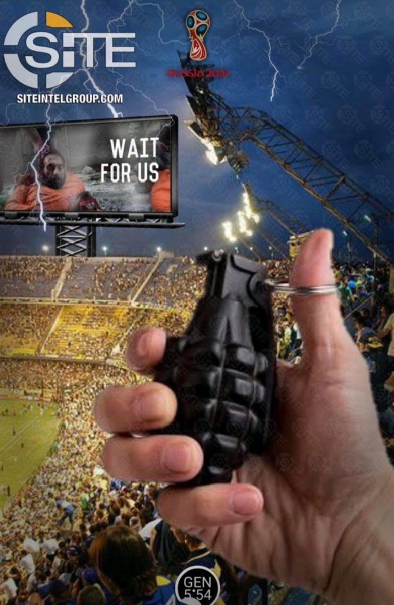  A second poster shows an ISIS supporter holding a hand grenade at a packed stadium