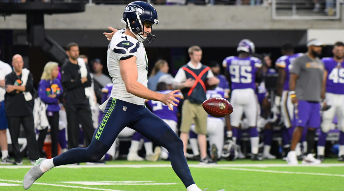 Seattle Seahawks' punter Michael Dickson attempts dropkick kickoffs