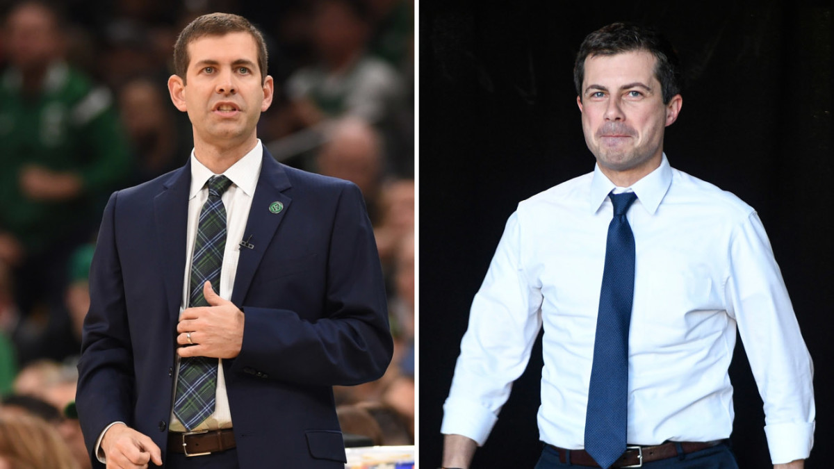 Split image of Celtics coach Brad Stevens and presidential candidate Pete Buttigieg