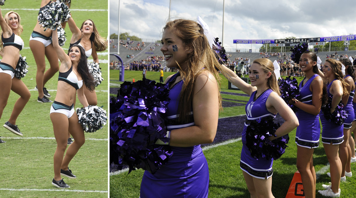 On the left, the Philadelphia Eagles cheerleaders at an opening-week game in 2016. On the right, the more reasonably clothed Northwestern University cheerleaders at an opening-week game in 2014 (the author of this article is fourth from the left).