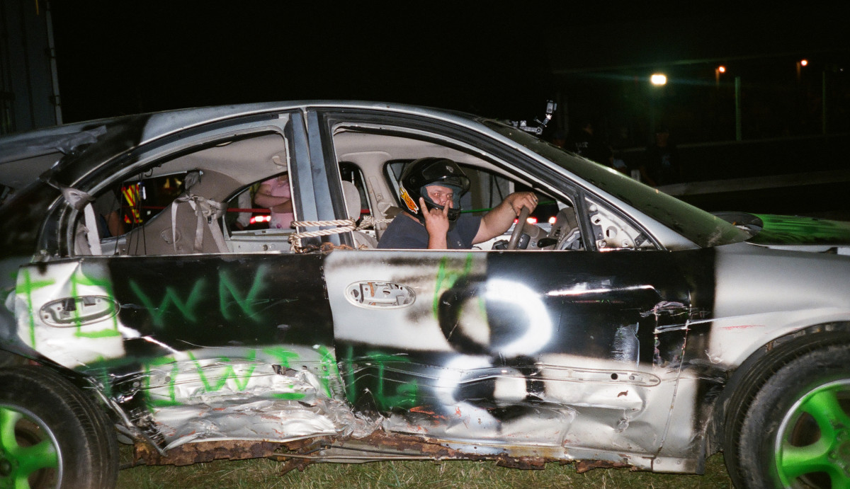 Joey Werner celebrates his first demo derby victory.