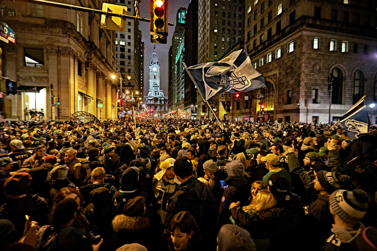 Philadelphians celebrate the Eagles' Super Bowl win over the Patriots in Center City, Philadelphia.