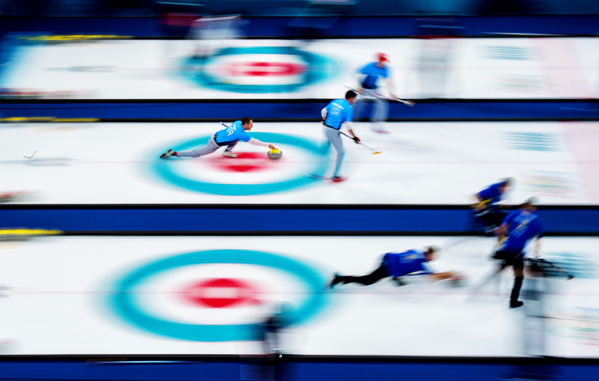 Tyler George, John Landsteiner and Matt Hamilton of the USA compete against Denmark at the PyeongChang 2018 Olympics.