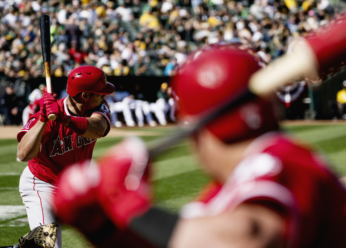 Albert Pujols at bat for the Angels in a game against the Athletics