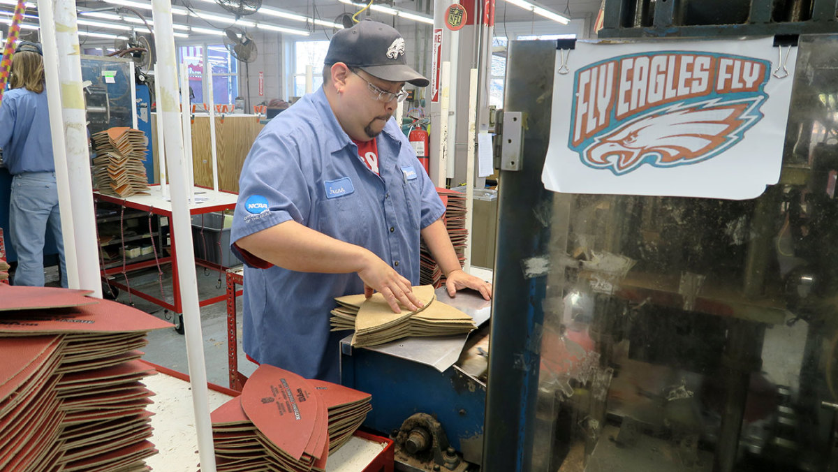 Frank Guerra at his stamping station, showing his SB52 allegiance.