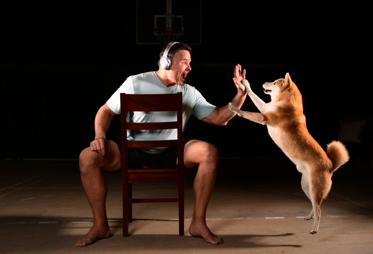 With Teddy, the 11-year-old Shiba Inu.