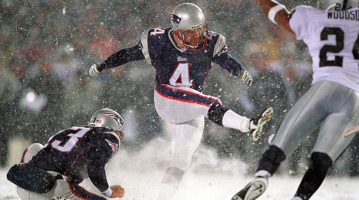 Adam Vinatieri made a 45-yard field goal to send the 2001 AFC divisional game (more commonly known as the Snow Bowl, for obvious reasons, or the Tuck Rule Game) against the Raiders into overtime.