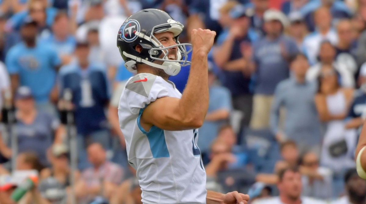 Tennessee Titans kicker Ryan Succop (4) reacts after kicking the winning field goal against the Houston Texans during the second half at Nissan Stadium. Tennessee won 20-17.
