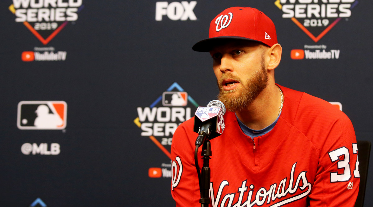 Oct 22, 2019; Houston, TX, USA; Washington Nationals starting pitcher Stephen Strasburg (37) speaks during a press conference before game one of the 2019 World Series at Minute Maid Park. Mandatory Credit: Thomas B. Shea-USA TODAY Sports