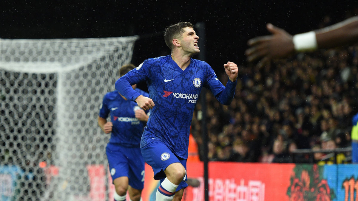 Chelsea's Christian Pulisic celebrates his goal against Watford. 